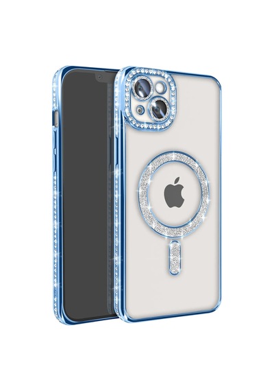 Apple iPhone Uyumlu-  15 Kılıf Joke Simli Magneticsafe Kılıf - Mavi