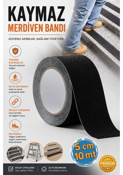 5 Cm X 10 Mt Kaymaz Merdiven Bandı Siyah Güçlü Yapışkanlı Kaydırmaz Zemin Ve Merdiven Güvenlik Bandı