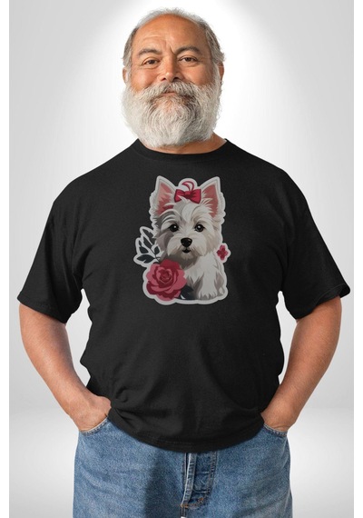Siyah Highland Teriyeri Kırmızı Gül Unisex Unisex Siyah Organik Baskılı T-shirt Penye Yüksek Kalite Siyah