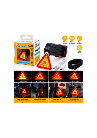 Bisiklet Feneri Led Usb Şarjlı 4 Fonksiyonlu - Sinyal Işık K-1176 5468 Çok Renkli