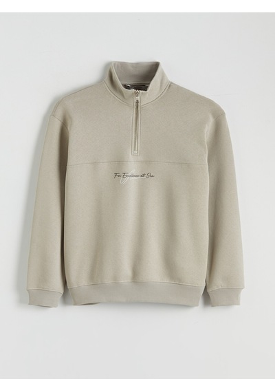 Lcw Vision Bej Dik Yaka Baskılı Erkek Kalın Sweatshirt