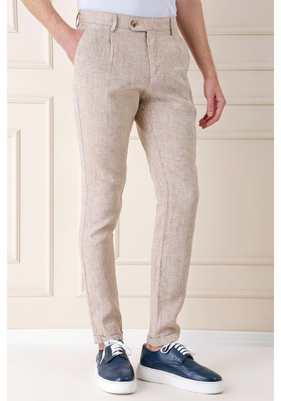 Efor Comfort Fit Beli Lastikli Pileli Keten Casual Bej Pantolon P 1145 Bej