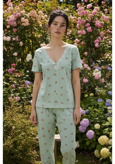 Siyah İnci Dantelli Bürümcük-krınkıl Kısa Kollu Pijama Takım 26120727 Yeşil