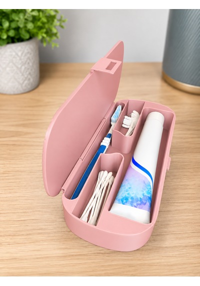 Diş Fırçası Ve Macunu Seyahat Kutusu Kapaklı Bölmeli Organizer Pembe