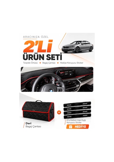 Bmw G30 G31 G38 2017-2023 Uyumlu Torpido Örtüsü + Deri Bagaj Çantası + Sticker - Siyah Kırmızı