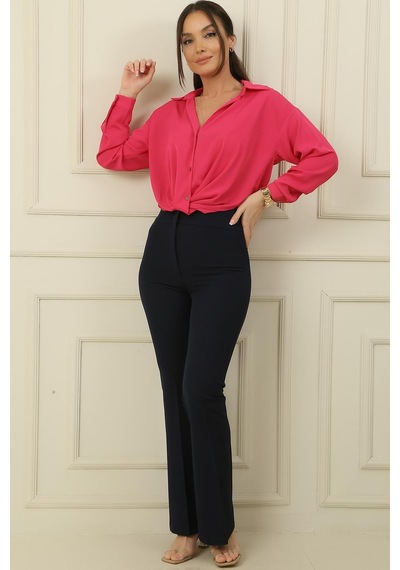 By Saygı Yüksek Bel Cepli En Boy Likra İspanyol Paça Pantolon-36202-lacivert Lacivert