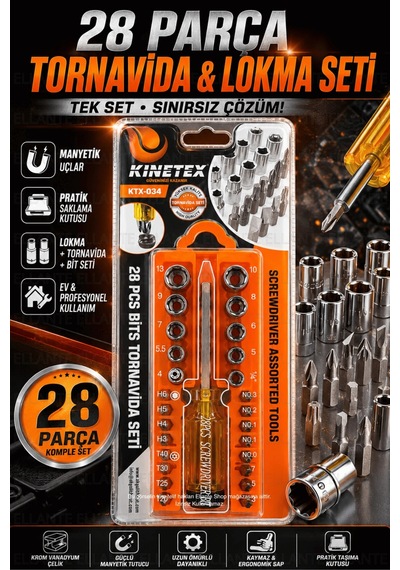 Kinetex 28 Parça Tornavida Ve Lokma Seti Manyetik Bit Uçlu Çok Amaçlı Tamir Seti Ktx-034