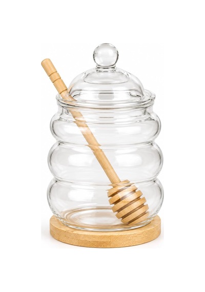 Kaşıklı Cam Bal Kavanozu 480 Ml, Cam Kapaklı, Bambu Bal Kaşığı Ve Bambu Altlık Dahil, Şeffaf Kahvaltılık Ballık Çok Renkli
