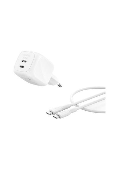 Belkin Wch019kq1mwh-b6 Boostcharge Pro 2-port Usb-c Gan 50w Şarj Adaptörü + Usb-c Kablosu Beyaz