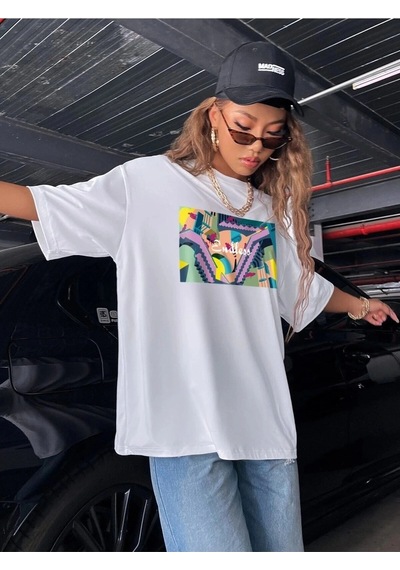 Startmore Kadın Siyah Oversize %100 Pamuk Endless Baskılı T-shirt Beyaz