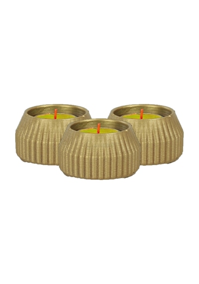 Mumluk Şamdan 3 Adet Tealight Uyumlu Çizgili Model - Altın