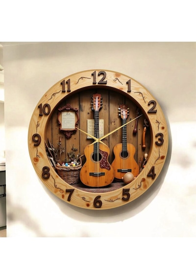 AA Shop Gitar Müzik Renkli Baskı Desenli Sayılı Hediyelik Ahşap Sessiz Tablo Duvar Saati 51 Renkli