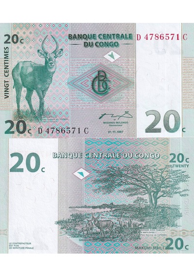 Kongo 1997 Yılı 20 Centimes Yabancı Kağıt Para Çil Unc Koleksiyon Para