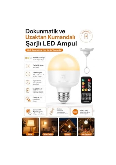 Neo Vista Ampul Görünümlü Kamp Ve Gece Lambası Şarjlı, Uzaktan Kumandalı E27 Duya Uyumlu