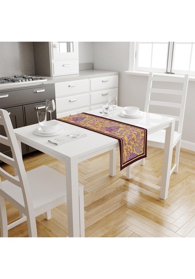 Mor Damask Desen Runner 140x45cm Ince Keten, Uluslararası Yıkama Ve Solmama Sertifikası Çok Renkli