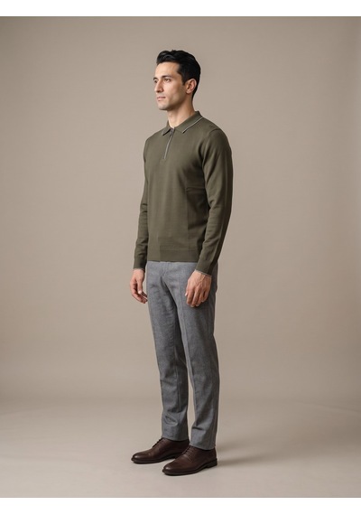Maccali Erkek Haki Biyeli Fermuarlı Polo Yaka İnce Triko Sweatshirt