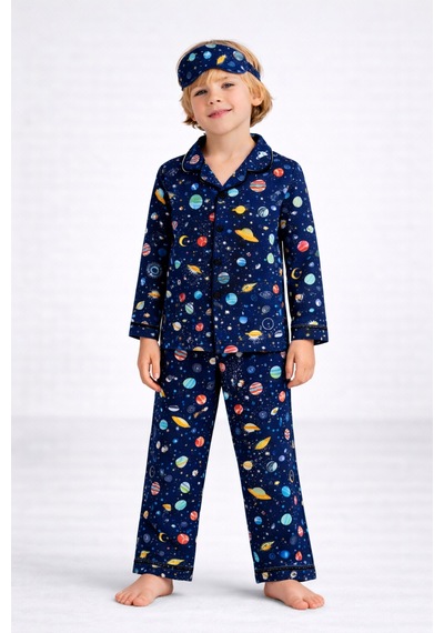 Beka Kids Desenli Uzun Kollu Önden Düğmeli Gömlek Yaka Erkek Çocuk Pijama Takımı Ve Göz Bandı Lacivert Beka Kids Desenli Uzun Kollu Önden Düğmeli Gömlek Yaka Erkek Çocuk Pijama Takımı Ve Göz Bandı Lacivert