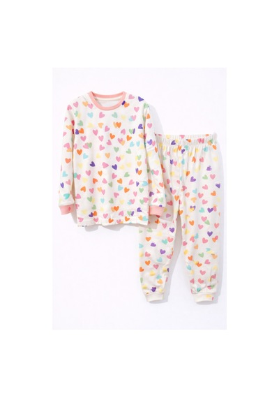 Minik Renkli Kalpler Kız Çocuk Pijama Takımı Beyaz