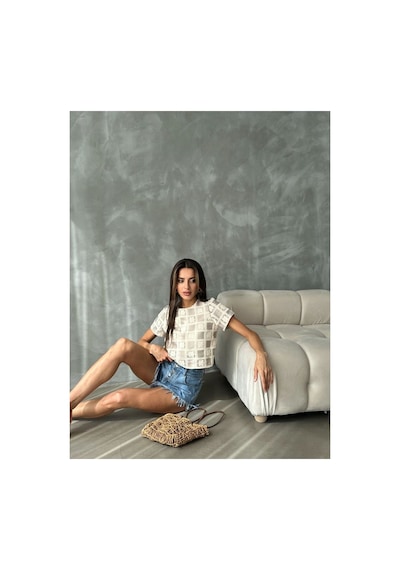 Verymoda Kısa Kollu Dama Desen Tiğişi Bluz D2619 Ham Taş