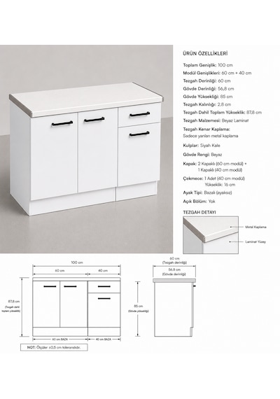 Lark Mutfak 3 Kapaklı 1 Çekmeceli Mutfak Alt Modül 100 Cm - Çok Amaçlı Dolap -beyaz Laminat Tezgah Dahil Lark Mutfak 3 Kapaklı 1 Çekmeceli Mutfak Alt Modül 100 Cm - Çok Amaçlı Dolap -beyaz Laminat Tezgah Dahil