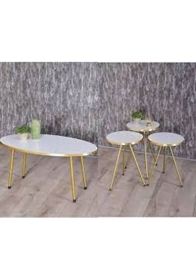 Zigon Sehpa Ve Orta Sehpa Elips Gold Metal Ayak Gold Beyaz Set Diğer
