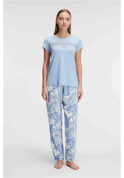 Lisinya Kısa Kol Bisiklet Yaka Kadın Viskon Çiçek Desenli Yazlık Örme Dantel Detaylı Pijama Takımı Mavi