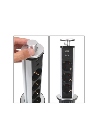 Xtechnx Xtechn246539 Vea Ve-24062 Üçlü 1.5 Metre Kablolu İki Usb Li 60mm Masaüstü Priz 1.5 M