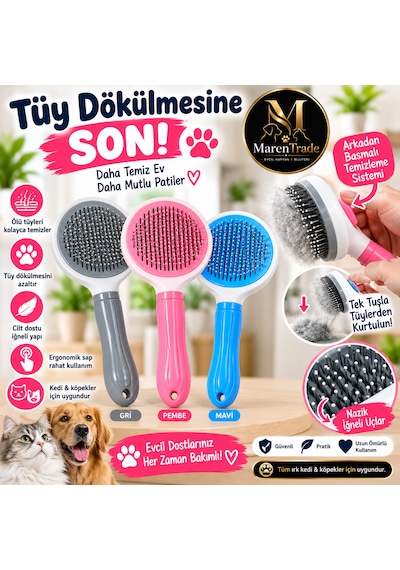 Kedi Köpek Tüy Tarağı Arkadan Basmalı Kendini Temizleyen Fırça Tek Tuşla Tüy Temizleme Ergonomik Pet Tarak