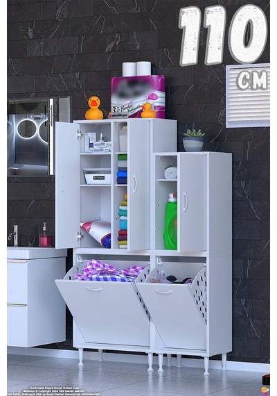 Ohbe 65 + 50cm Genişlik 160cm Boy 32,5cm Derinlik Kirli Sepetli 3 Kapaklı Çok Amaçlı Banyo Dolabı Beyaz