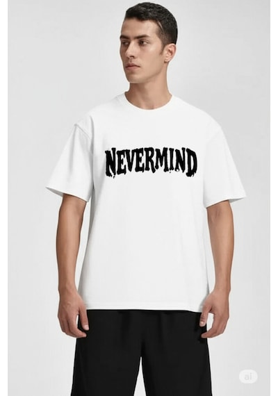 Nevermind Unisex Oversize Tişört Ön Yazı Ve Arka Şehir Manzaralı Kırık Ca Beyaz