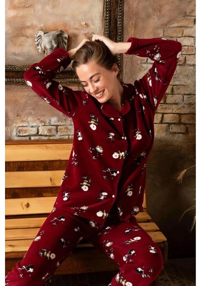 Sude Kadın Gömlek Önden Düğmeli Polar Desenli Pijama Takımı P200/173 - 1 Adet 001