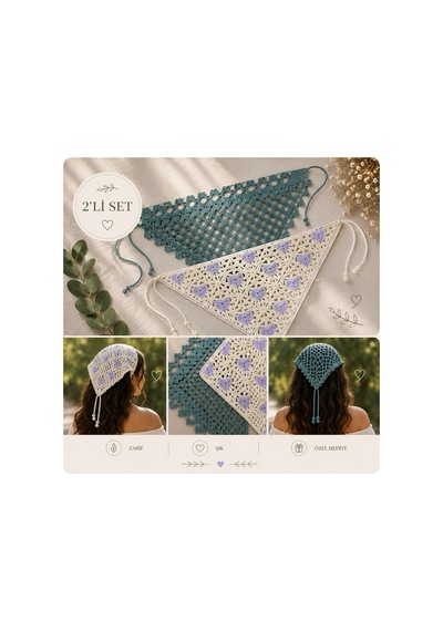 Örgü Bandana 2 Li Set Yeşil + Lila Desenli - 921866433 Yeşil + Lila Desenli