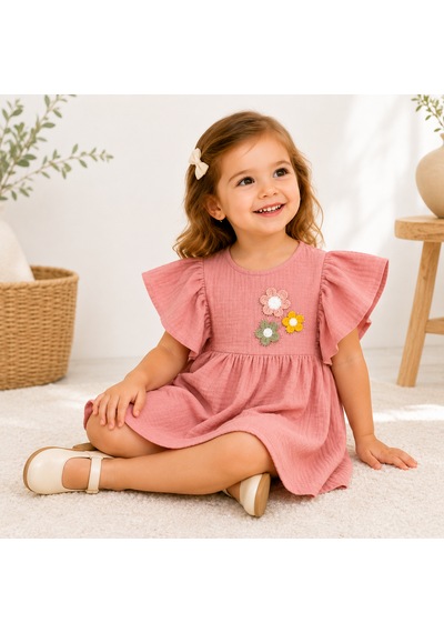 Tucankids Kız Çocuk Pembe Müslin Elbise Fırfır Kollu
