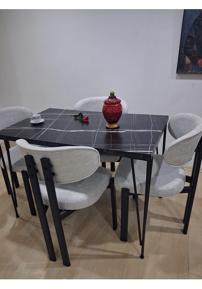 Masa Metal Ayak 90602 Sabit Siyah Mermer Desen 4 Adet Sandalye Metal Ayak Siyah