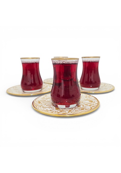 Sudedi Home Gold Yaldızlı Çay Bardağı Seti 4 Kişilik Porselen Tabaklı Hediyeli Çok Renkli