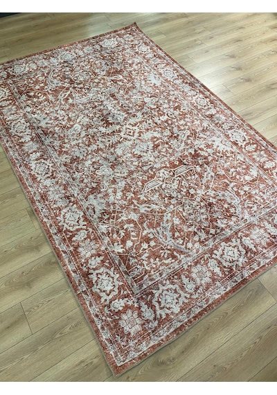 Çam Halı Anatolia 32-053 Etnik Eskitme Desenli Dokuma Tabanlı Yıkanabilir Şönil Salon Ve Oda Halısı Kiremit - Krem
