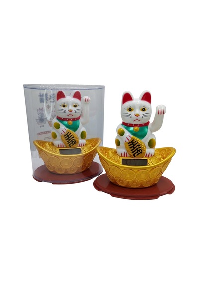 Maneki Neko El Sallayan Şans Kedisi Beyaz Solar Güneş Enerjili 14x12cm No3byz
