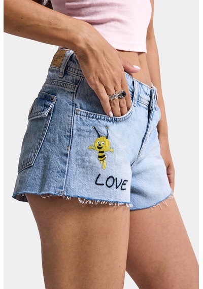 Itsbasic Kadın Mavi 4s6-32 Mini Mom Nakış Desenli Tasarım Denim Şort