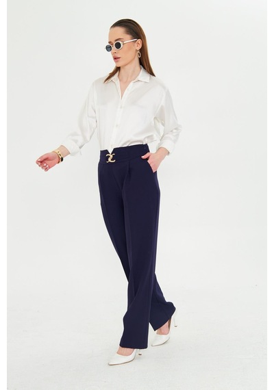 Lovelf Gold Aksesuarlı Bol Paça Pantolon Lacivert Lacivert