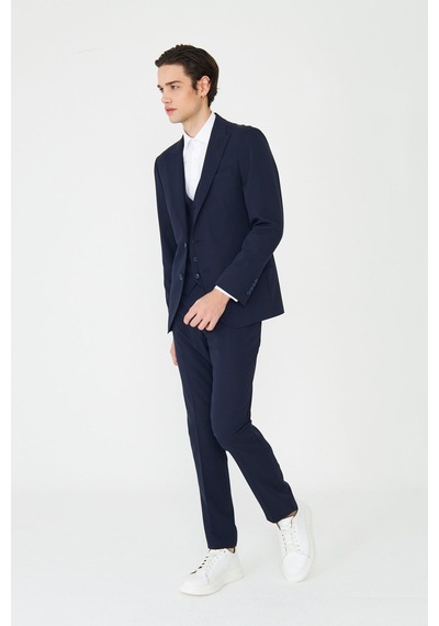 Lacivert Klasik Yaka Modern Slim Fit Yelekli Takım Elbise Laci