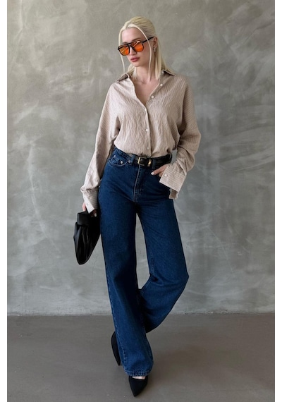 Madmext Bej Çizgili Oversize Kadın Gömlek Mg2327 Bej