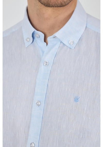 İmza Uzun Kol Düz Keten Düğmeli Yaka Cepsiz Casual Comfort Fit Gömlek 1004250114 Mavi