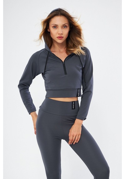 Lesa Wear Kapüşonlu Içi Polarlı Yumuşacık Şardonlu Kaşkorse Crop Likralı Sweatshirt Antrasit