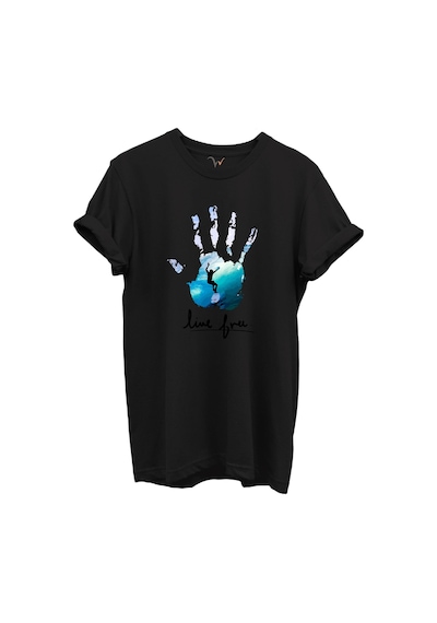 Live Free Yazılı Sörfçü Ve El Baskılı %100 Pamuk Regular Fit Unisex T-shirt Siyah