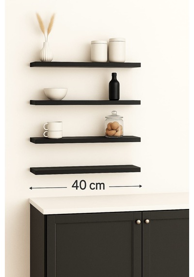 40 Cm 4lü Mat Siyah Mdf Uçan Duvar Rafı Gizli Bağlantı Kitaplık