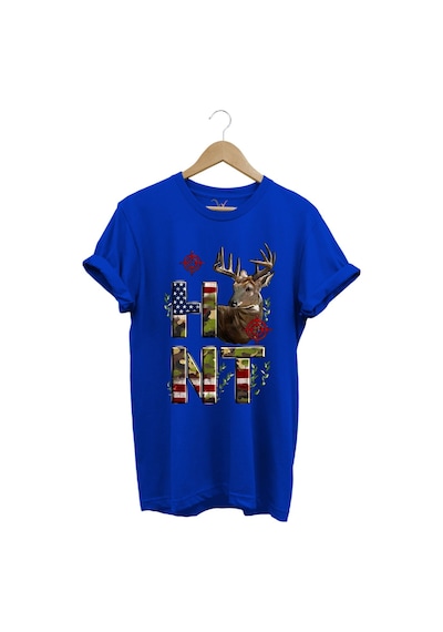 Hunting Avcılık Geyik Ve Kamuflaj Hunt Yazı Baskılı %100 Pamuk Regular Fit Bisiklet Yaka T-shirt Mavi