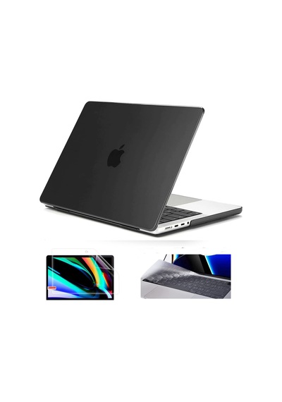 Apple Uyumlu MacBook Pro 14.2 2021 A2442 Kılıf Koruma Kılıfı Hardcase 3Lü Set Siyah