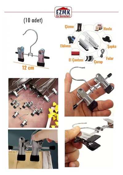 Ayarlanabilir Mandallı, Krom Metal Eşarp Askısı, Şapka Askısı \ 10 Adet \ 12 Cm Krom