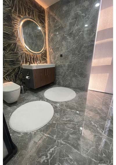 2li Yuvarlak Banyo Paspası Klozet Seti Takımı 80x80 Ve 100x100 Beyaz