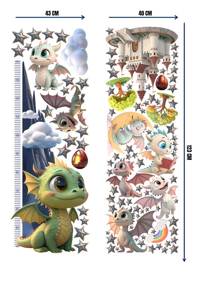 Bebek Ejderhalar Boy Ölçerli Duvar Sticker Seti - Mat, Sökülebilir, Çocuk Odası Dekoru 01